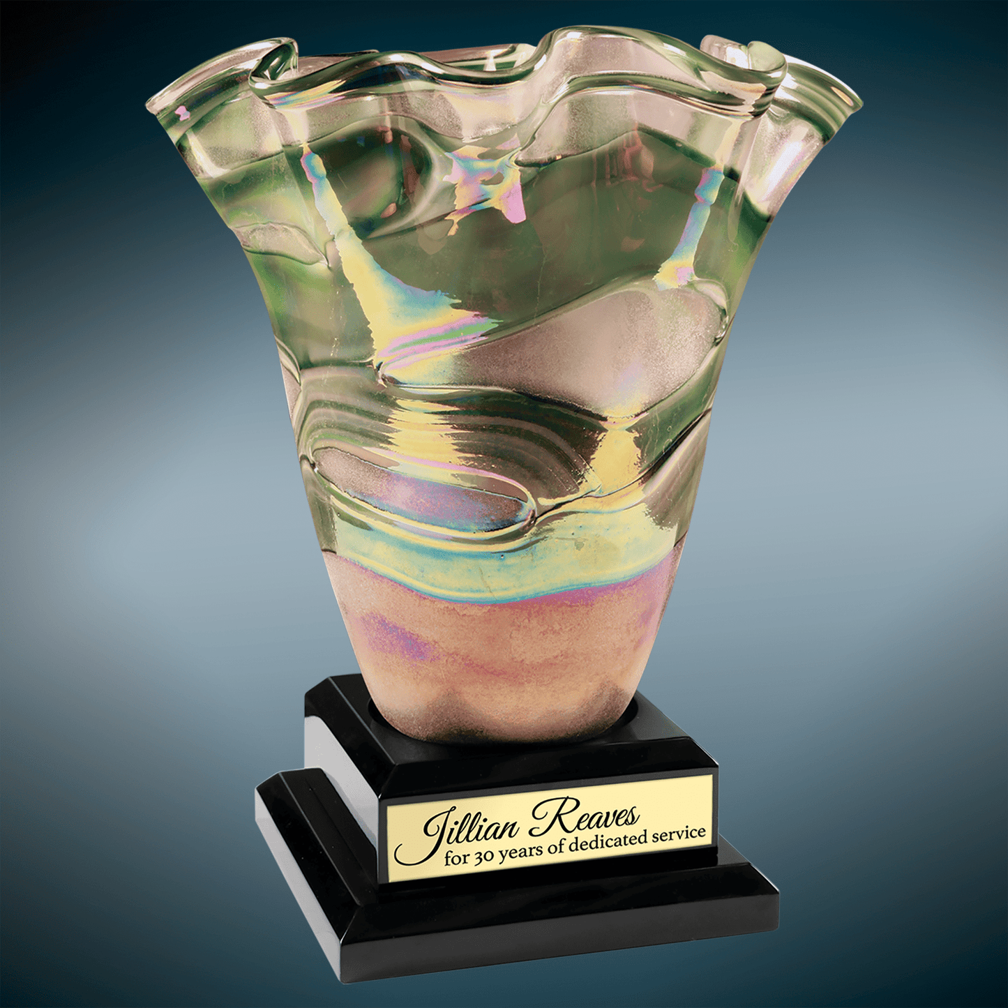 14 1/4" Art Glass Vase with Black Royal Piano Finish Base