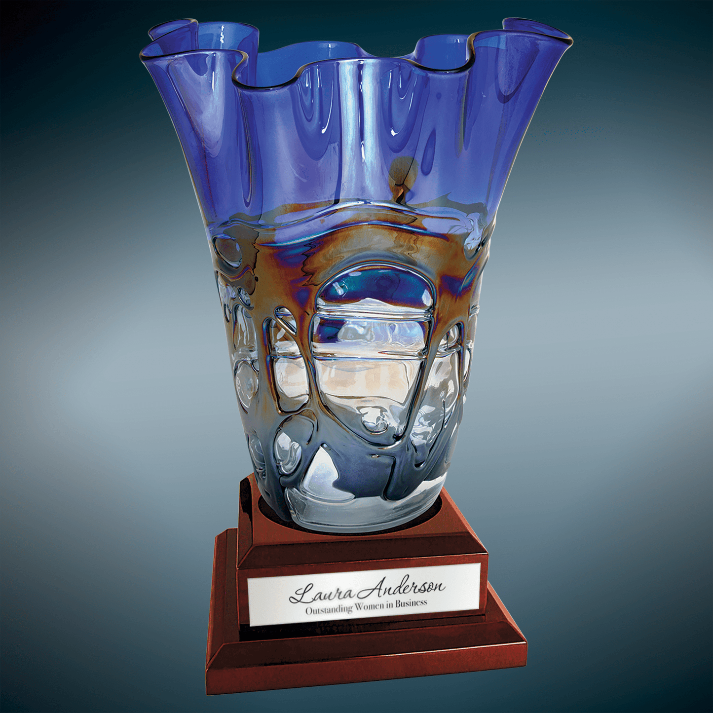 14" Art Glass Vase with Rosewood Royal Piano Finish Base