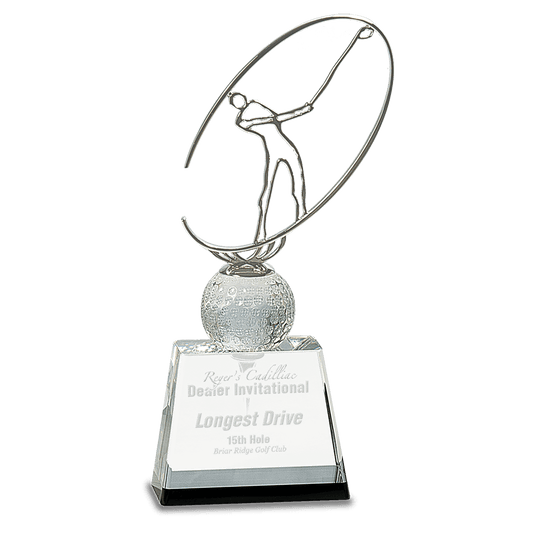 10" Silver Metal Golfer Silhouette on a Crystal Golf Ball & Base