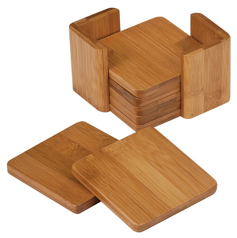 Square Bamboo 6 Coaster Set with Holder