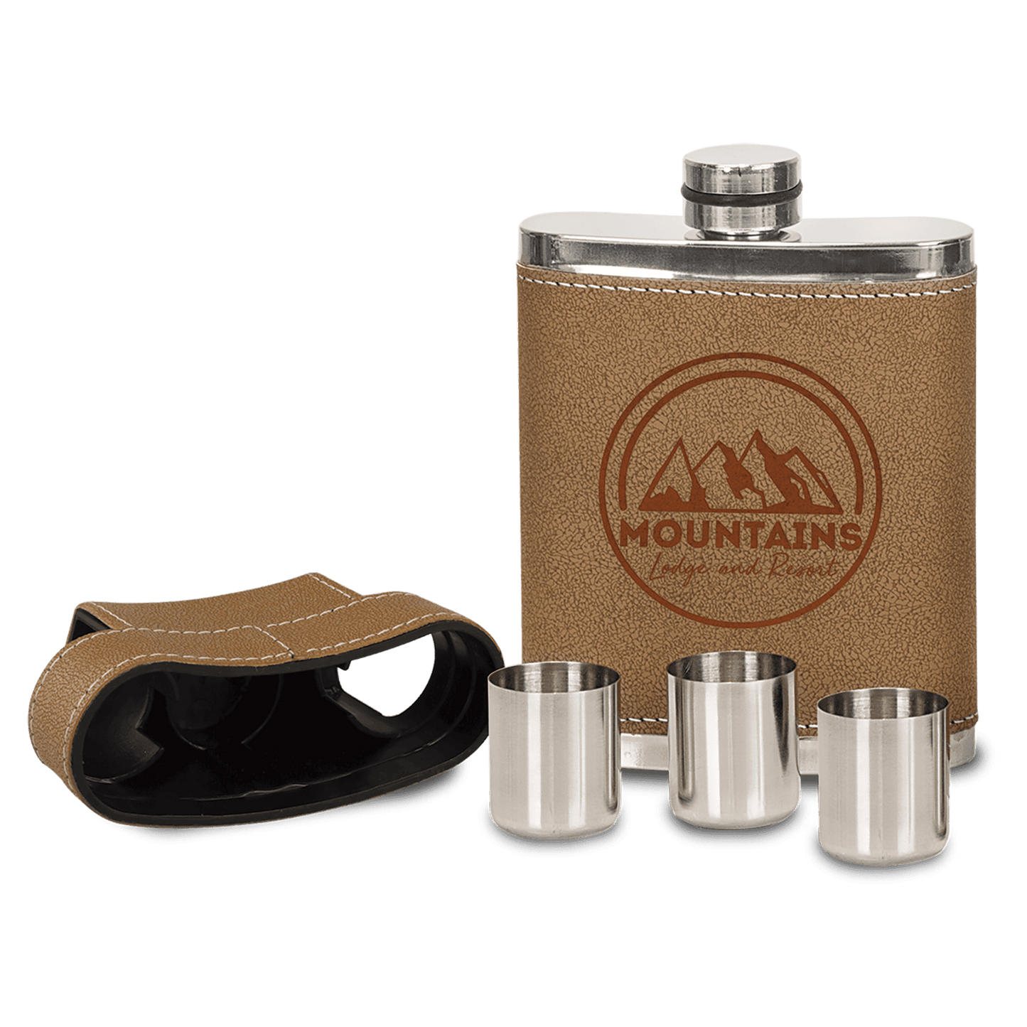 7 oz. Leather Wrapped Stainless Steel Flask Kit (3 Shot Glasses Stored in Lid)