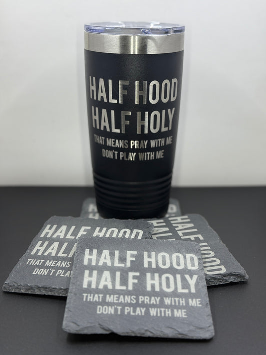 Half Hood Half Holy Engraved Stainless Steel Tumbler with Lid - Modern Design for On-the-Go Use - Spill-Proof Lid, Insulated, Wide Mouth Drinkware Mug, Available in Various Colors