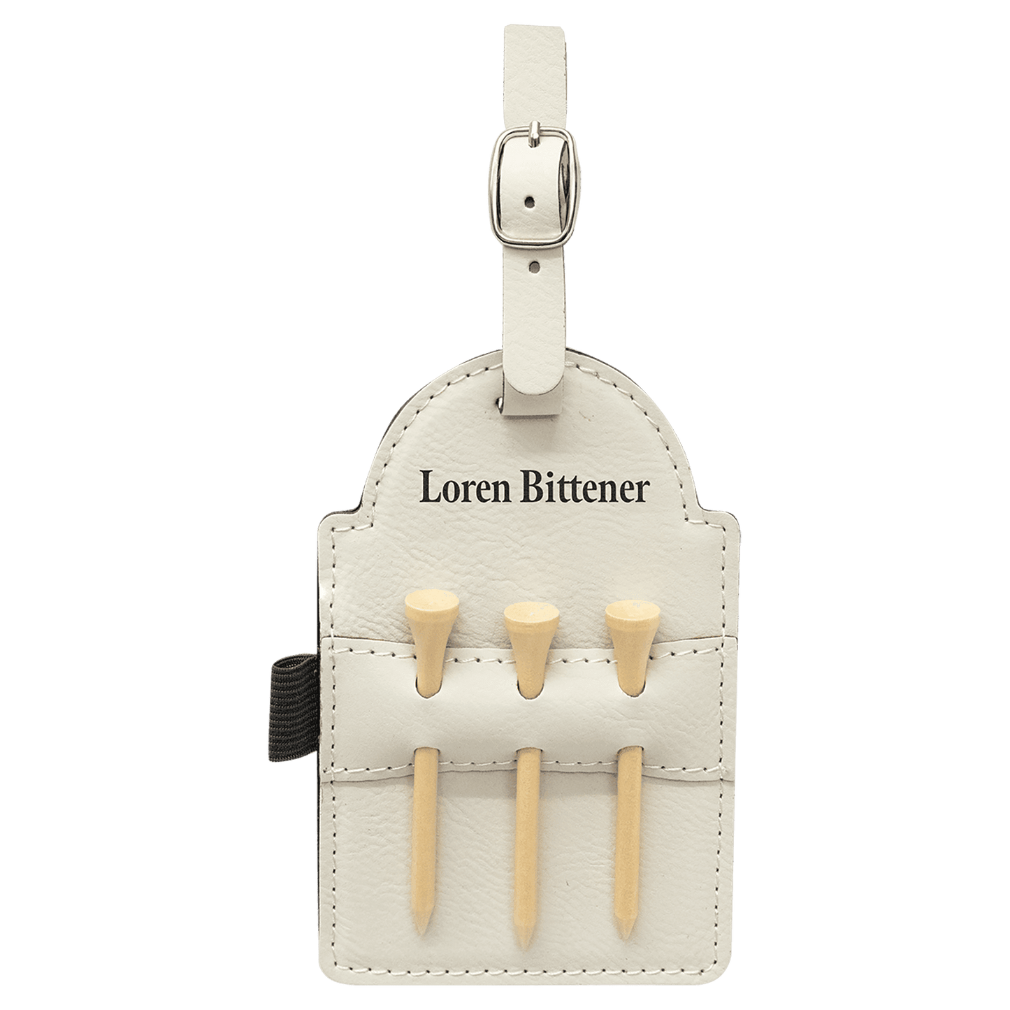 White Leatherette Golf Bag Tag with Wooden Tees