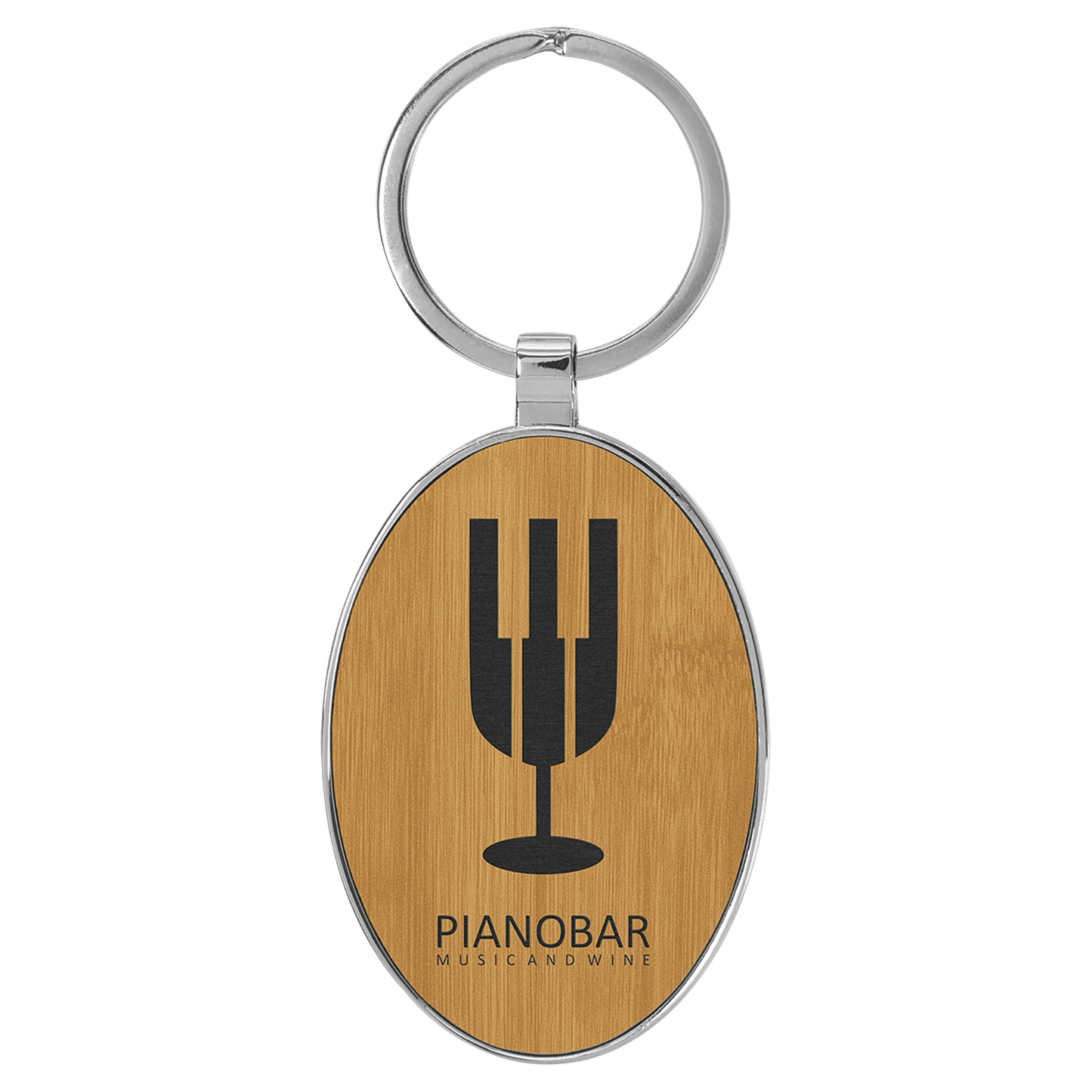 Bamboo Leatherette Oval Keychain with Metal Frame