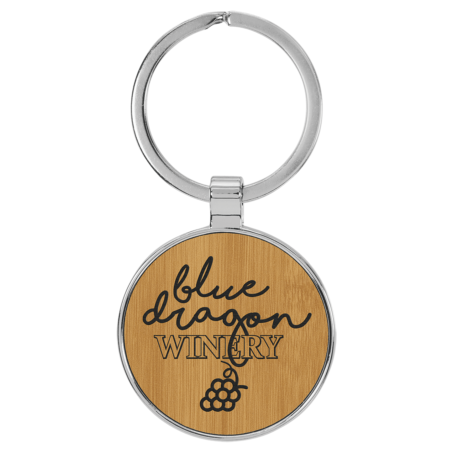 Bamboo Leatherette Round Keychain with Metal Frame