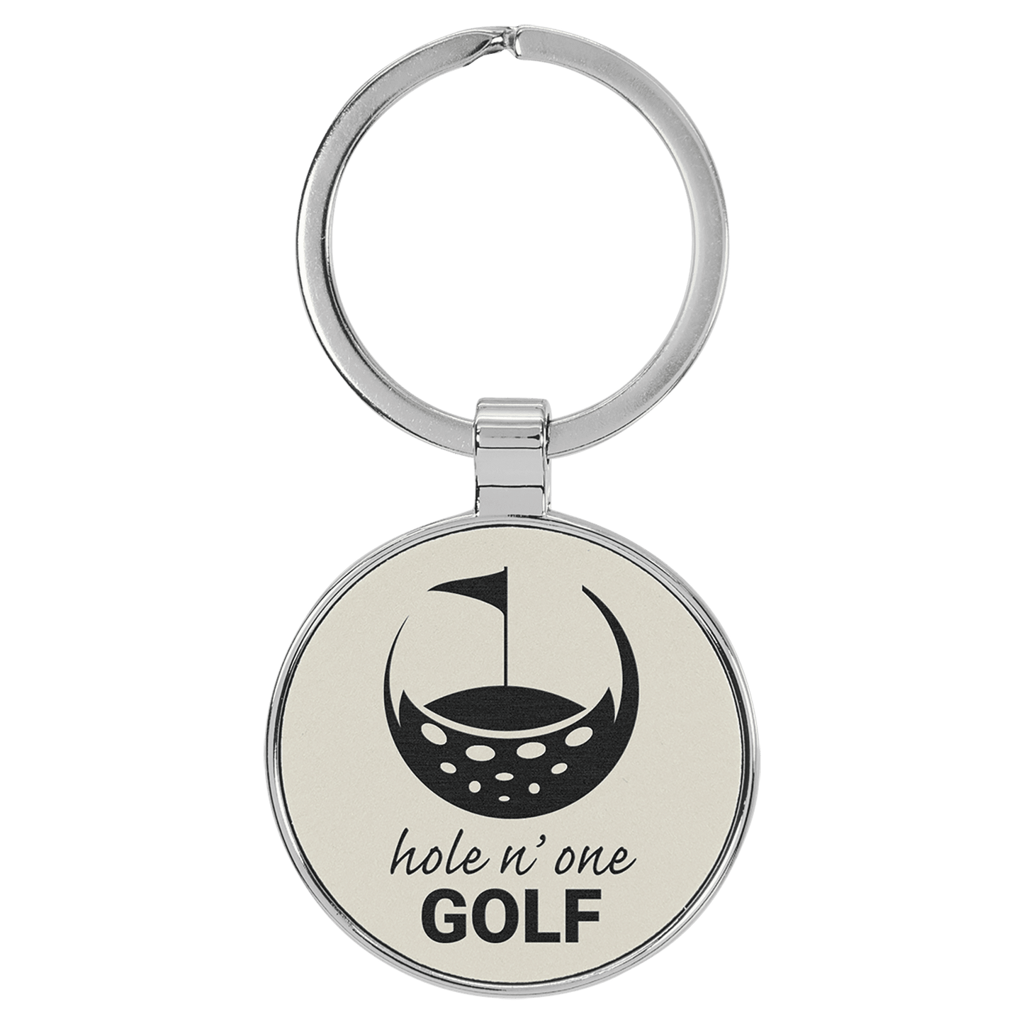 White Leatherette Round Keychain with Metal Frame