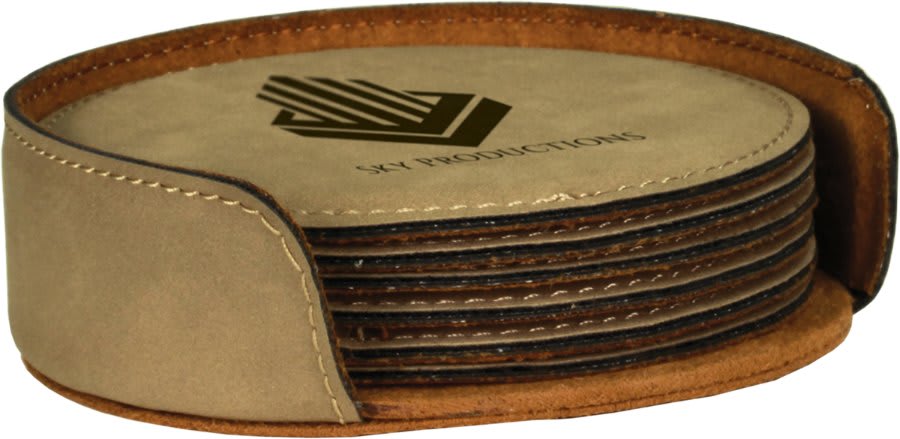 Light Brown Round Leatherette 6-Coaster Set