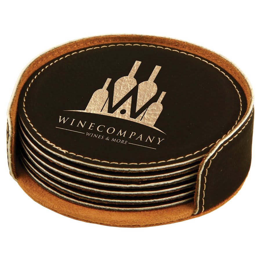 Black/Gold Round Leatherette 6-Coaster Set