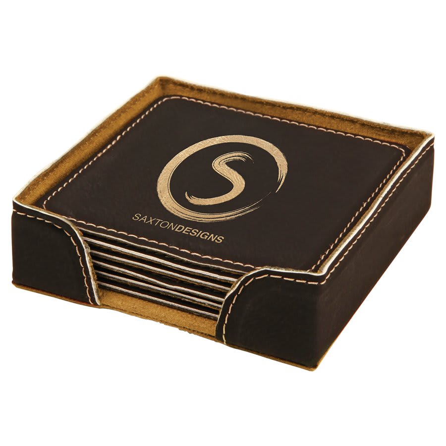 Black/Gold Square Leatherette 6-Coaster Set