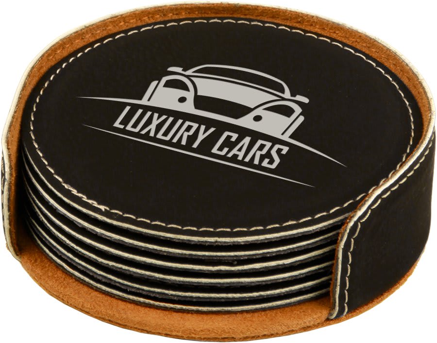 Black/Silver Round Leatherette 6-Coaster Set