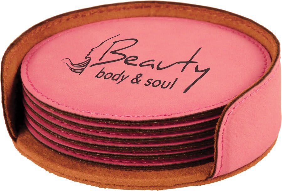 Pink Round Leatherette 6-Coaster Set