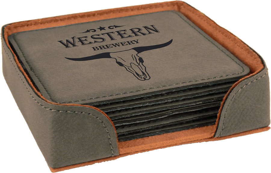 Gray Square Leatherette 6-Coaster Set