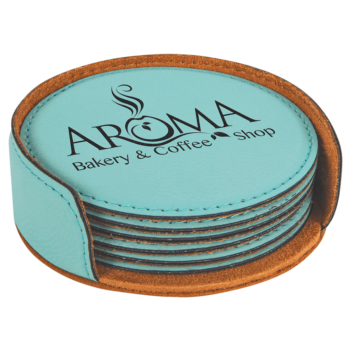Teal Round Leatherette 6-Coaster Set