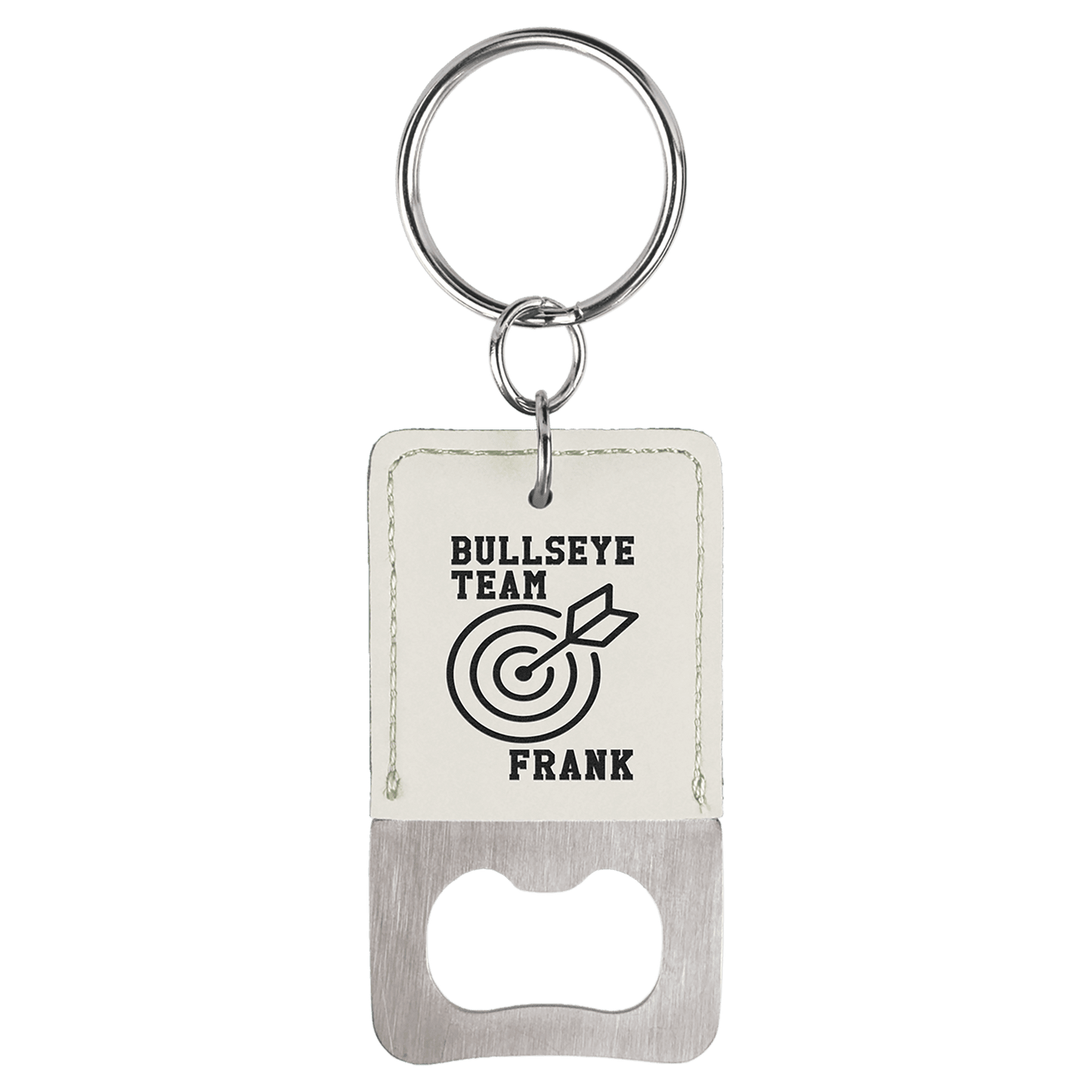 White Leatherette Rectangle Bottle Opener Keychain