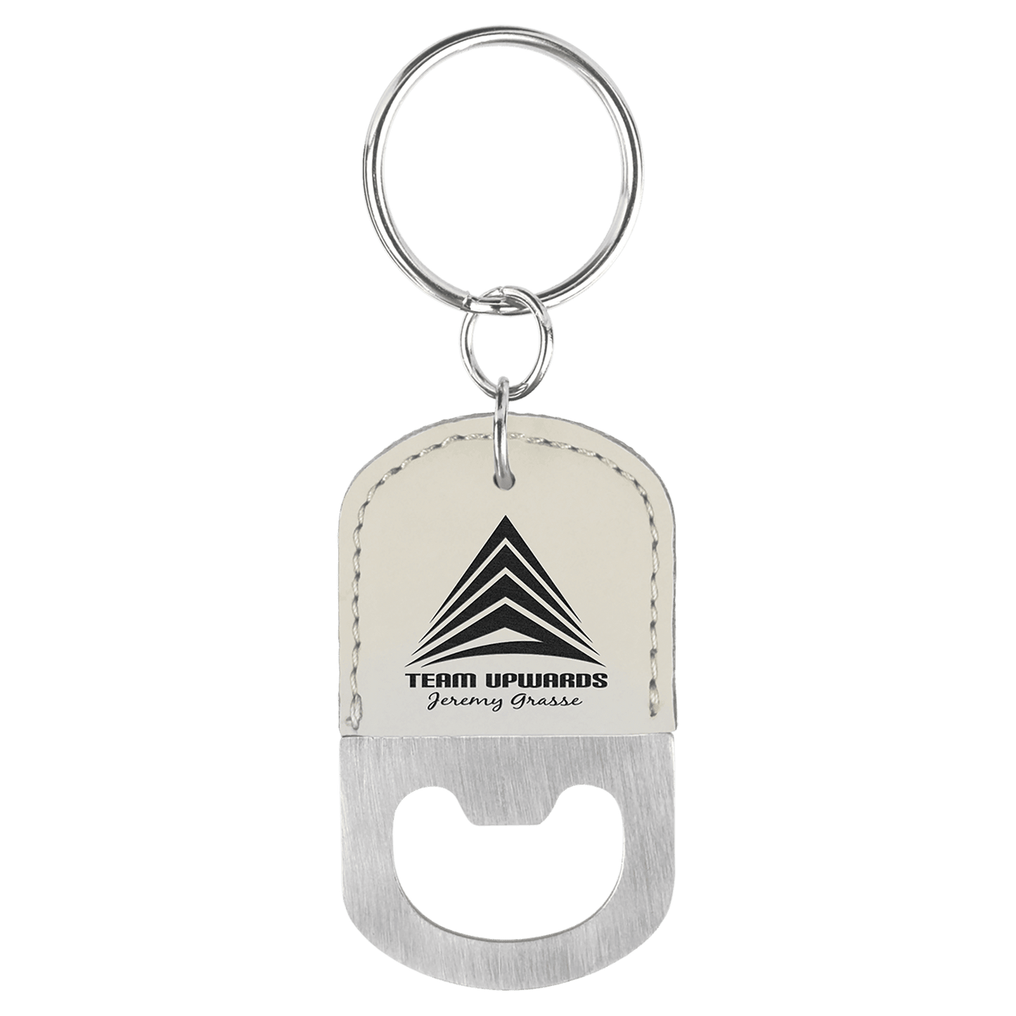 White Leatherette Oval Bottle Opener Keychain