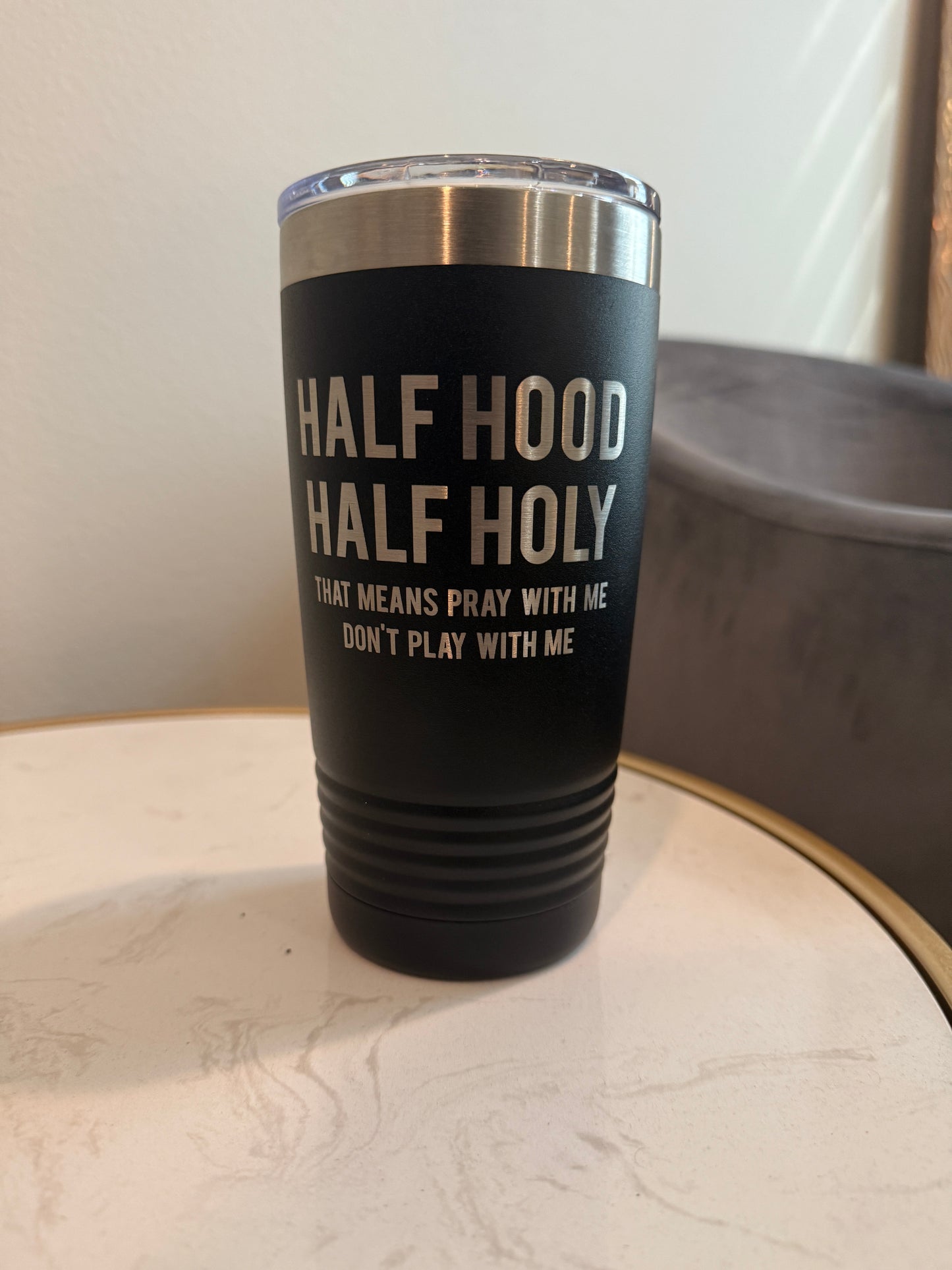 Half Hood Half Holy Engraved Stainless Steel Tumbler with Lid - Modern Design for On-the-Go Use - Spill-Proof Lid, Insulated, Wide Mouth Drinkware Mug, Available in Various Colors