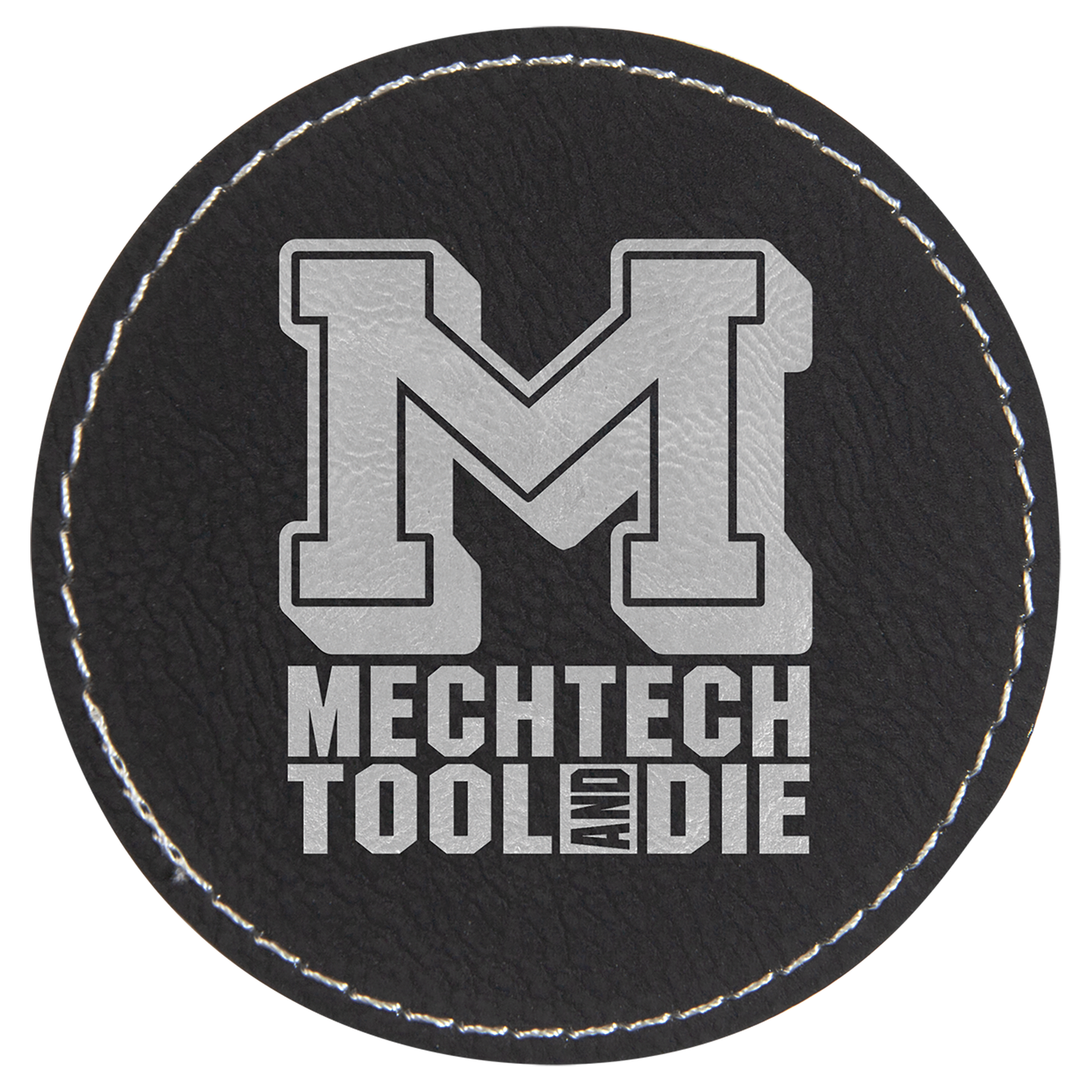 3" Black/Silver Round Leatherette Patch with Adhesive