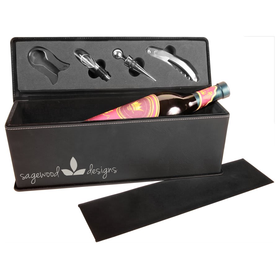 Black/Silver Leatherette Wine Box with Tools