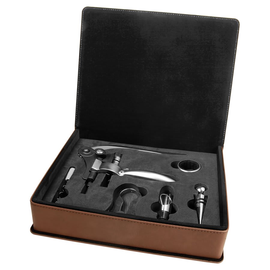 Dark Brown Leatherette 5-Piece Wine Tool Set