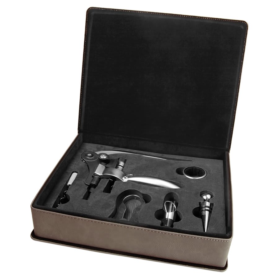 Gray Leatherette 5-Piece Wine Tool Set