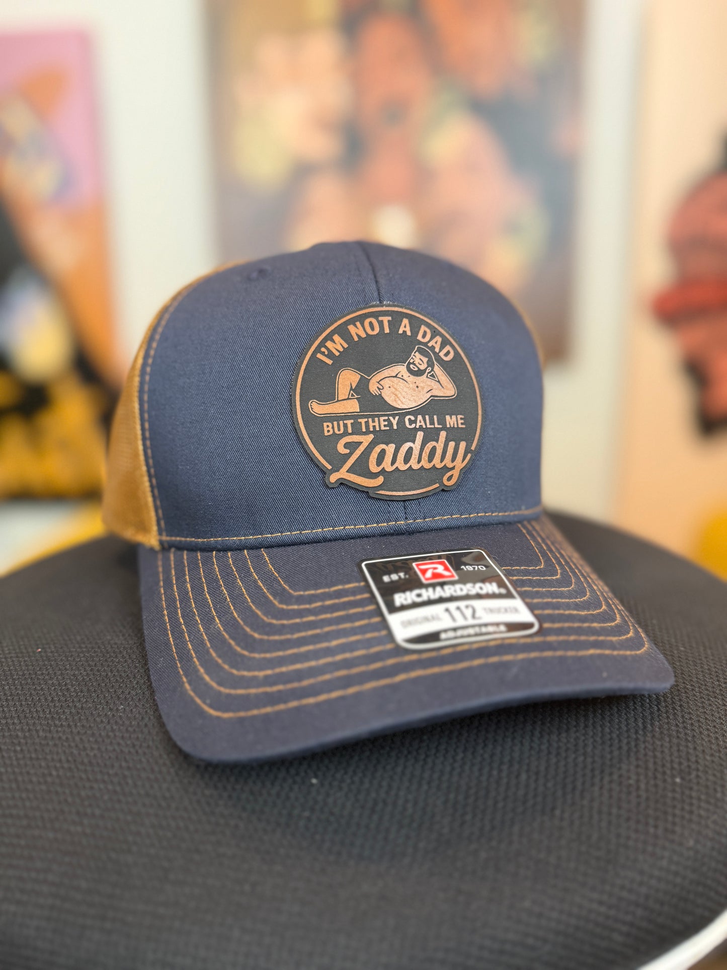 Not a Dad, but They Call Me Zaddy – Potbelly Edition Richardson 112 Trucker Hat with Engraved Patch - Personalized Snapback Cap