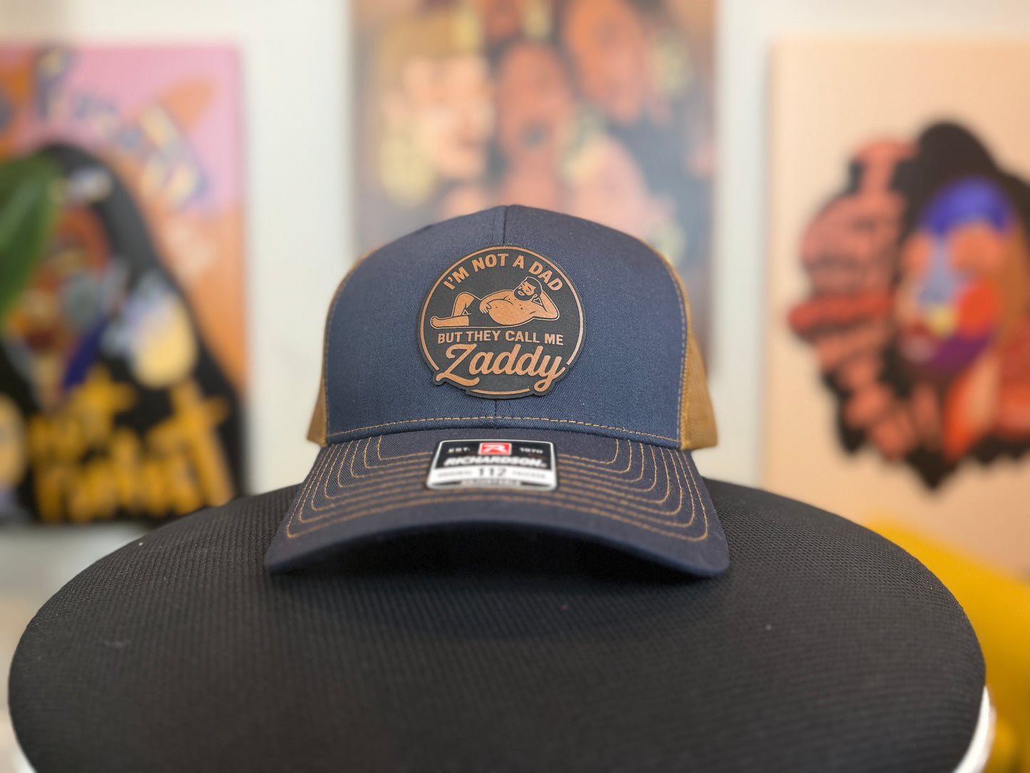 Not a Dad, but They Call Me Zaddy – Potbelly Edition Richardson 112 Trucker Hat with Engraved Patch - Personalized Snapback Cap
