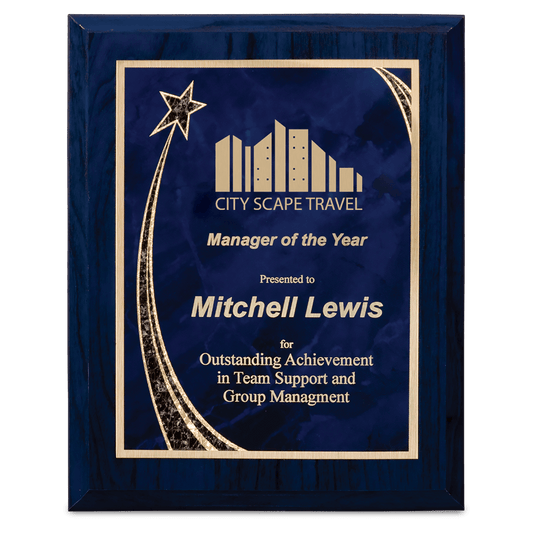 9" x 12"  Blue Woodgrain Plaque with Blue Rising Star Plate