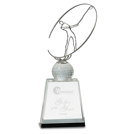 11" Silver Metal Golfer Silhouette on a Crystal Golf Ball & Base