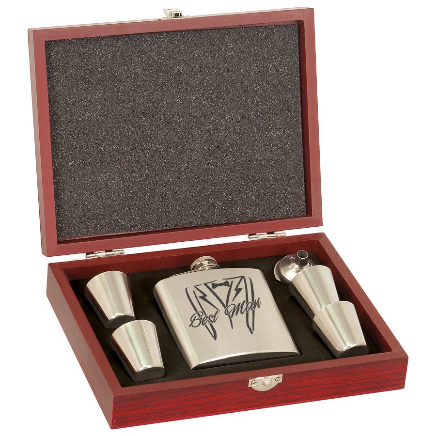 6 oz. Stainless Steel Flask Set with Wood Presentation Box