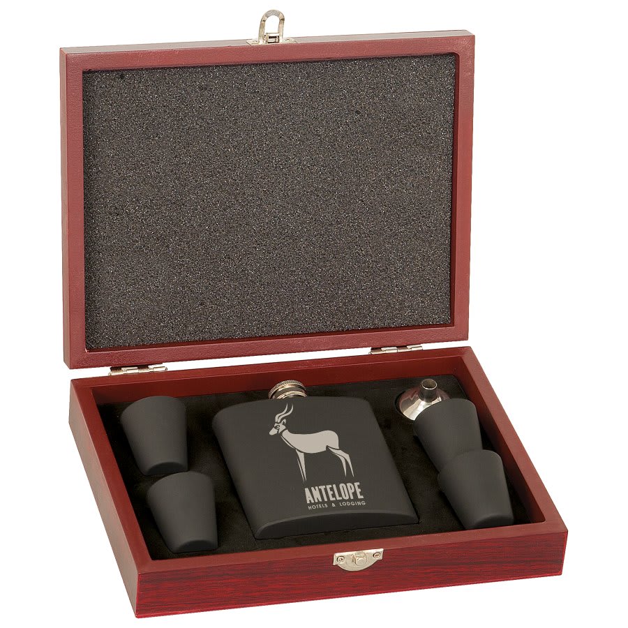 6 oz. Matte Black Flask Set with Wood Presentation Box