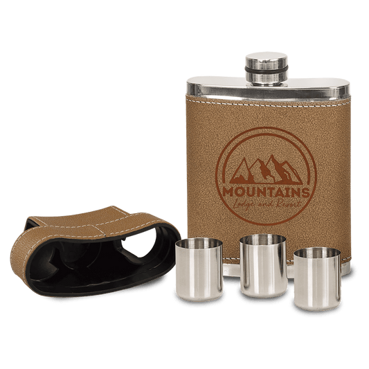 7 oz. Leather Wrapped Stainless Steel Flask Kit (3 Shot Glasses Stored in Lid)