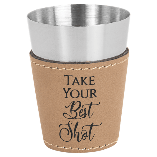 Light Brown Leatherette Wrapped Stainless Steel Shot Glass
