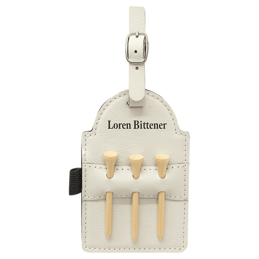 White Leatherette Golf Bag Tag with Wooden Tees