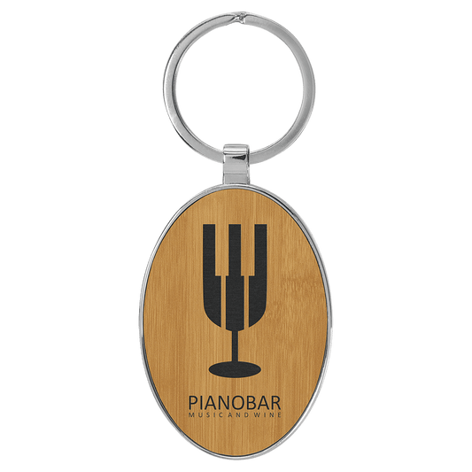 Bamboo Leatherette Oval Keychain with Metal Frame