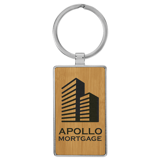 Bamboo Leatherette Oval Keychain with Metal Frame