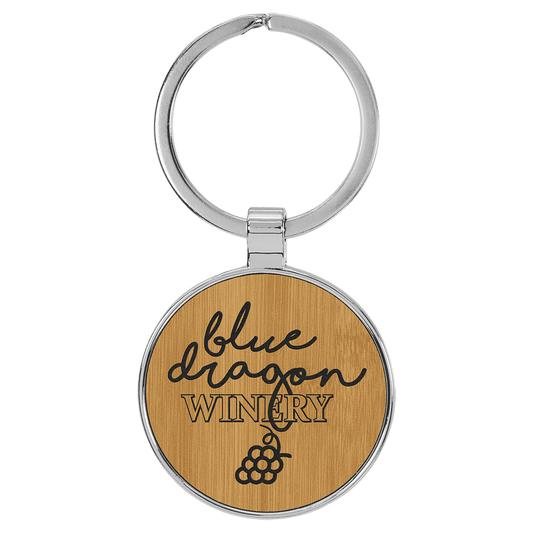 Bamboo Leatherette Round Keychain with Metal Frame