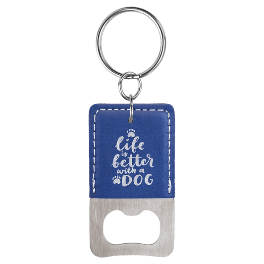 Blue/Silver Leatherette Rectangle Bottle Opener Keychain