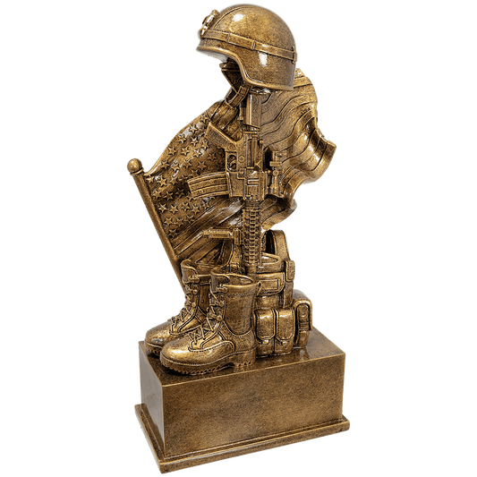 Antique Gold Military Resin Hlemet on Rifle