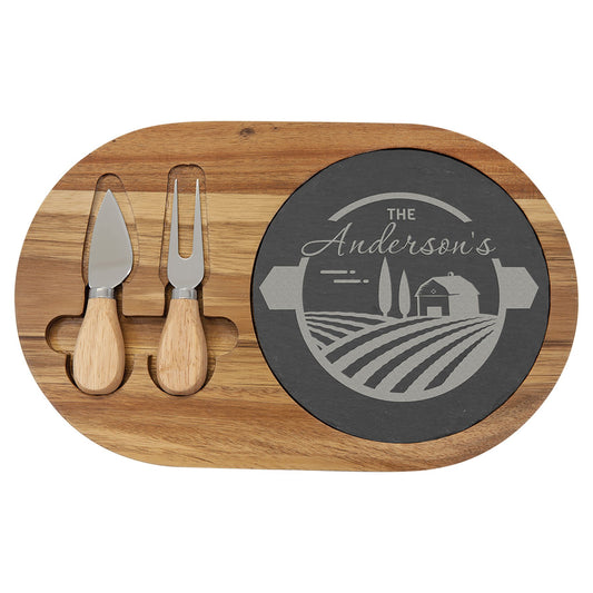 Acacia Wood with Slate Serving Board Includes Cheese Tools