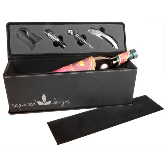 Black/Silver Leatherette Wine Box with Tools