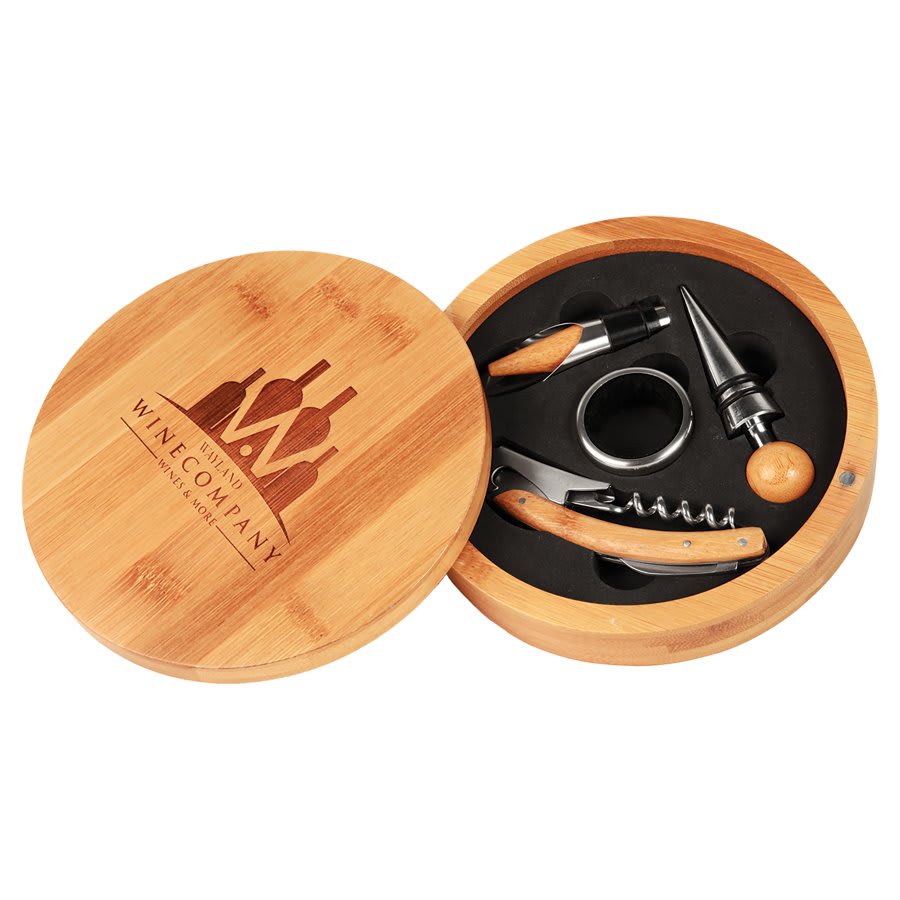 Round Bamboo 4-Piece Wine Gift Set