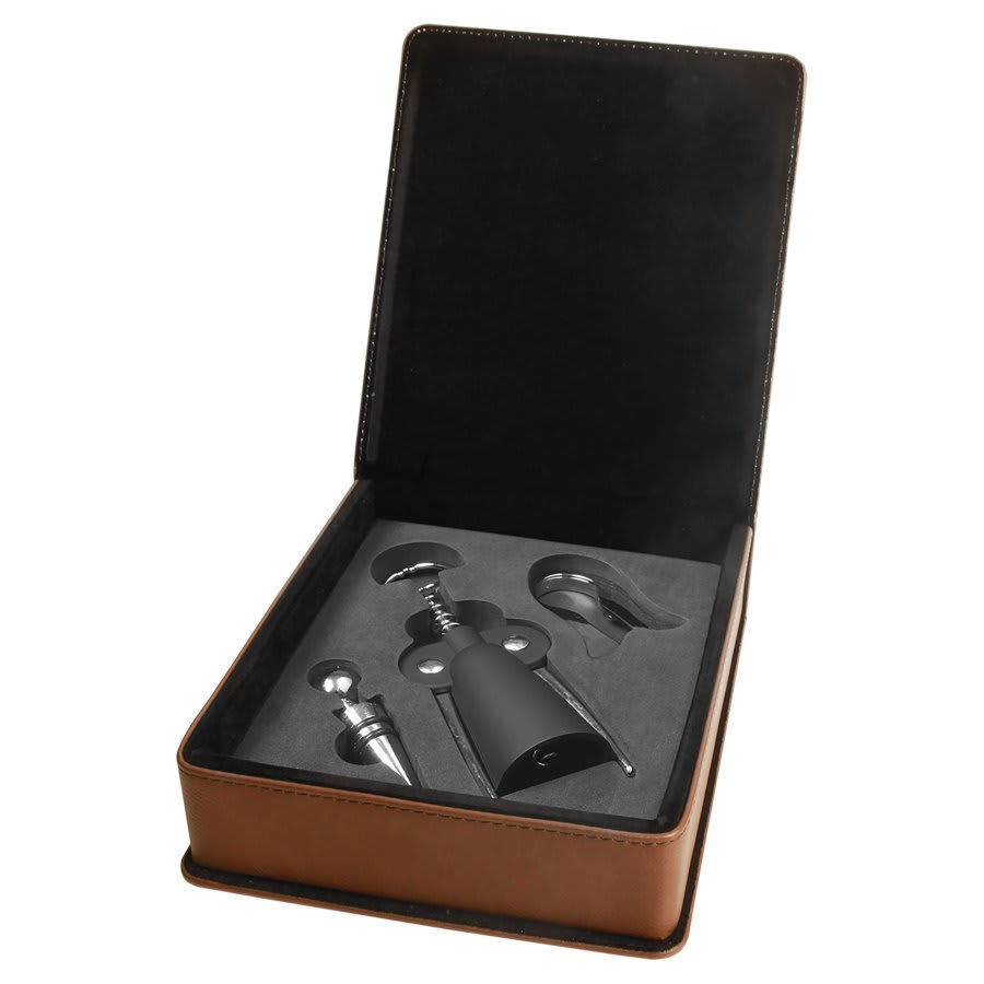 Dark Brown Leatherette 3-Piece Wine Tool Set
