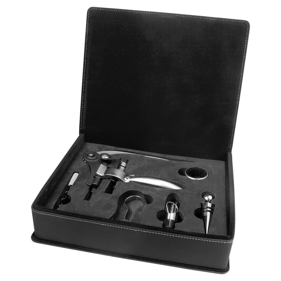 Black/Silver Leatherette 5-Piece Wine Tool Set
