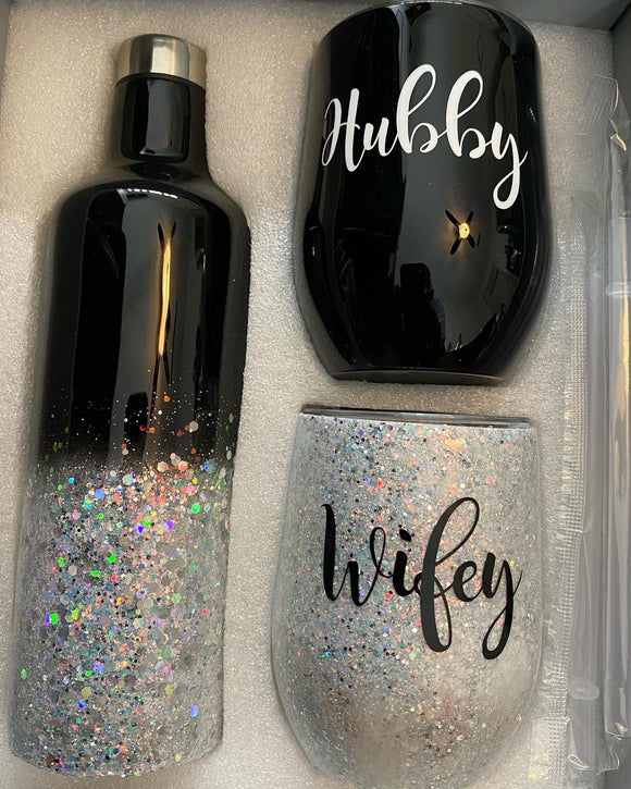 Hubby & Wifey Wine Glass & Bottle Set